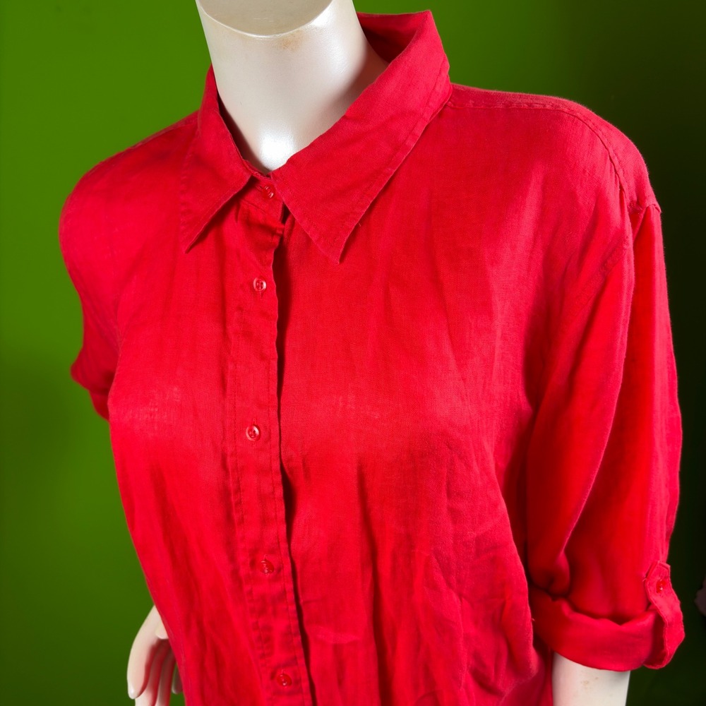 Lauren Ralph Lauren Womens 2X Bright Red Linen Button Up Roll Tab Sleeve Blouse